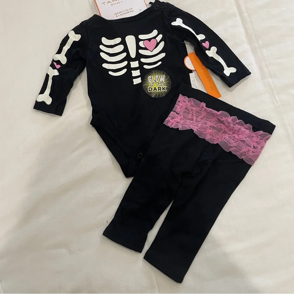 NEW Tahari Baby Girls Glow In The Dark Skeleton Bodysuit Leggings Set Black 6-9M